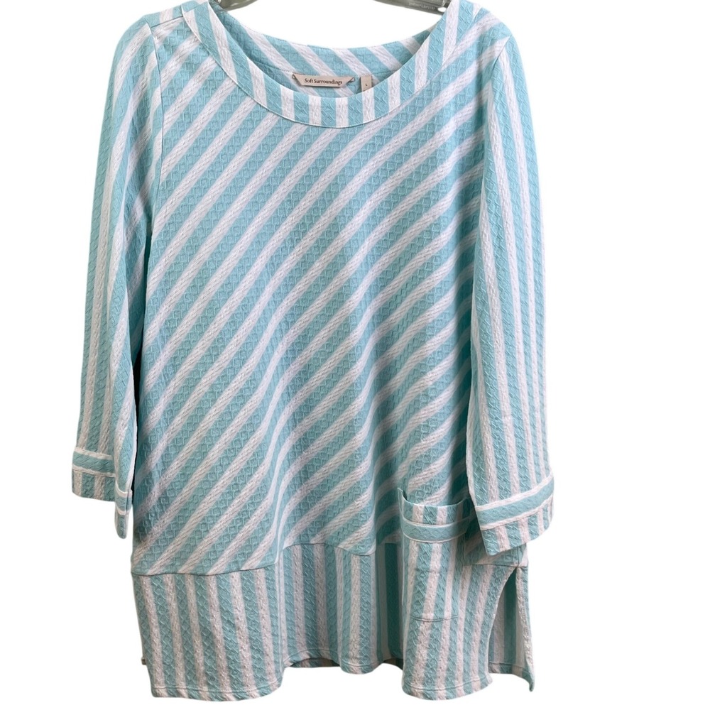 Soft Surroundings Glorieta Ariped Blue Striped Tunic 3/4 Sleeve Top Beach‎ Large